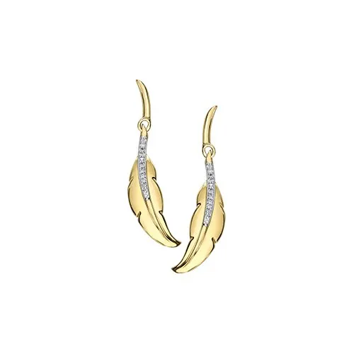 10K Yellow Gold (0.07ct) Diamond Dangle Feather Earrings