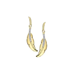 10K Yellow Gold (0.07ct) Diamond Dangle Feather Earrings