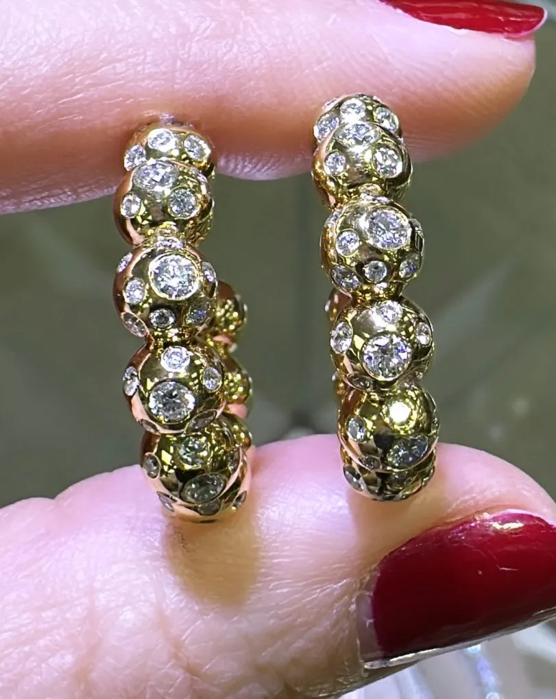 1.14ct tw Beaded Gold Hoop Burnish set  Designer Diamond Earrings
