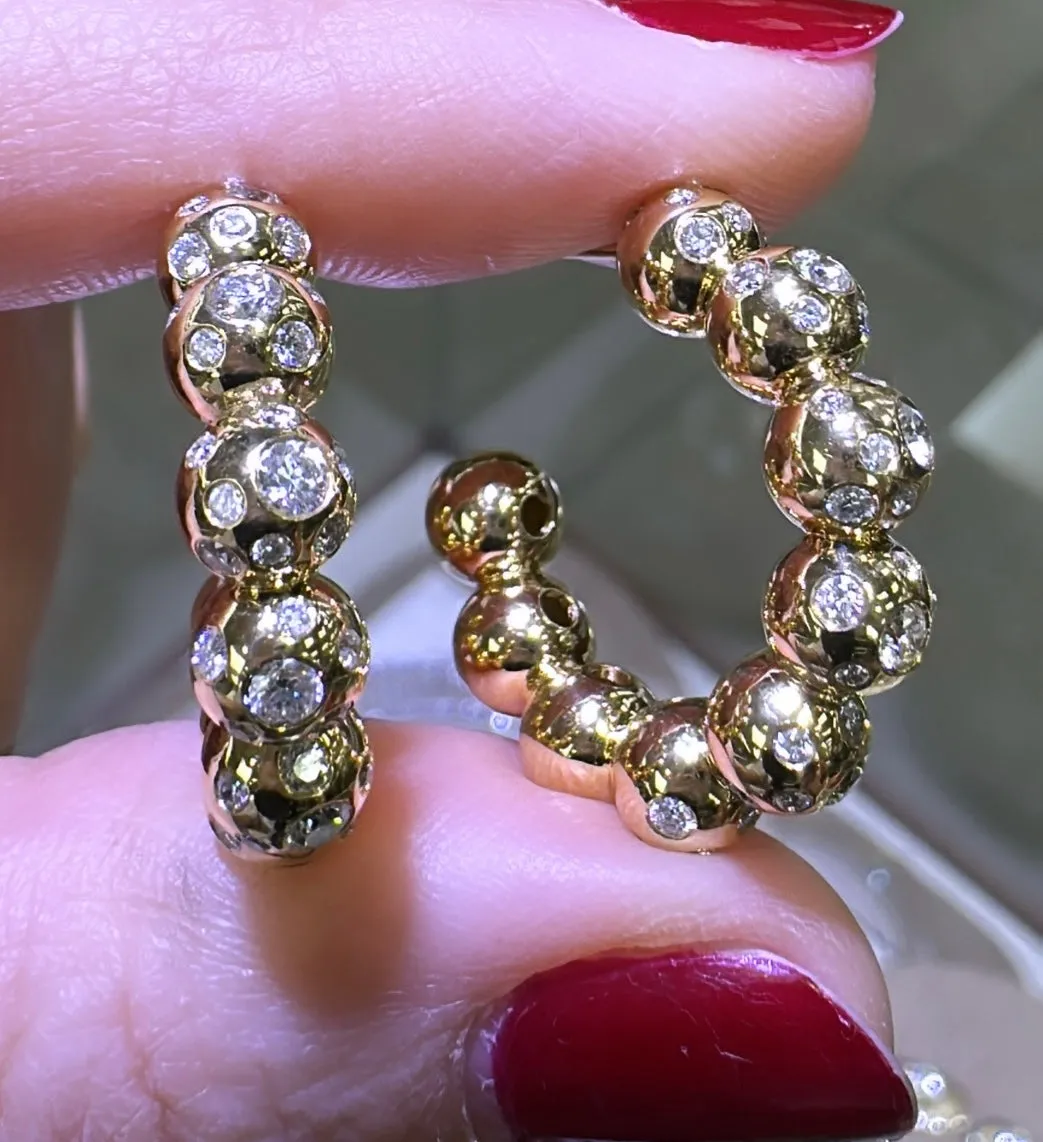 1.14ct tw Beaded Gold Hoop Burnish set  Designer Diamond Earrings