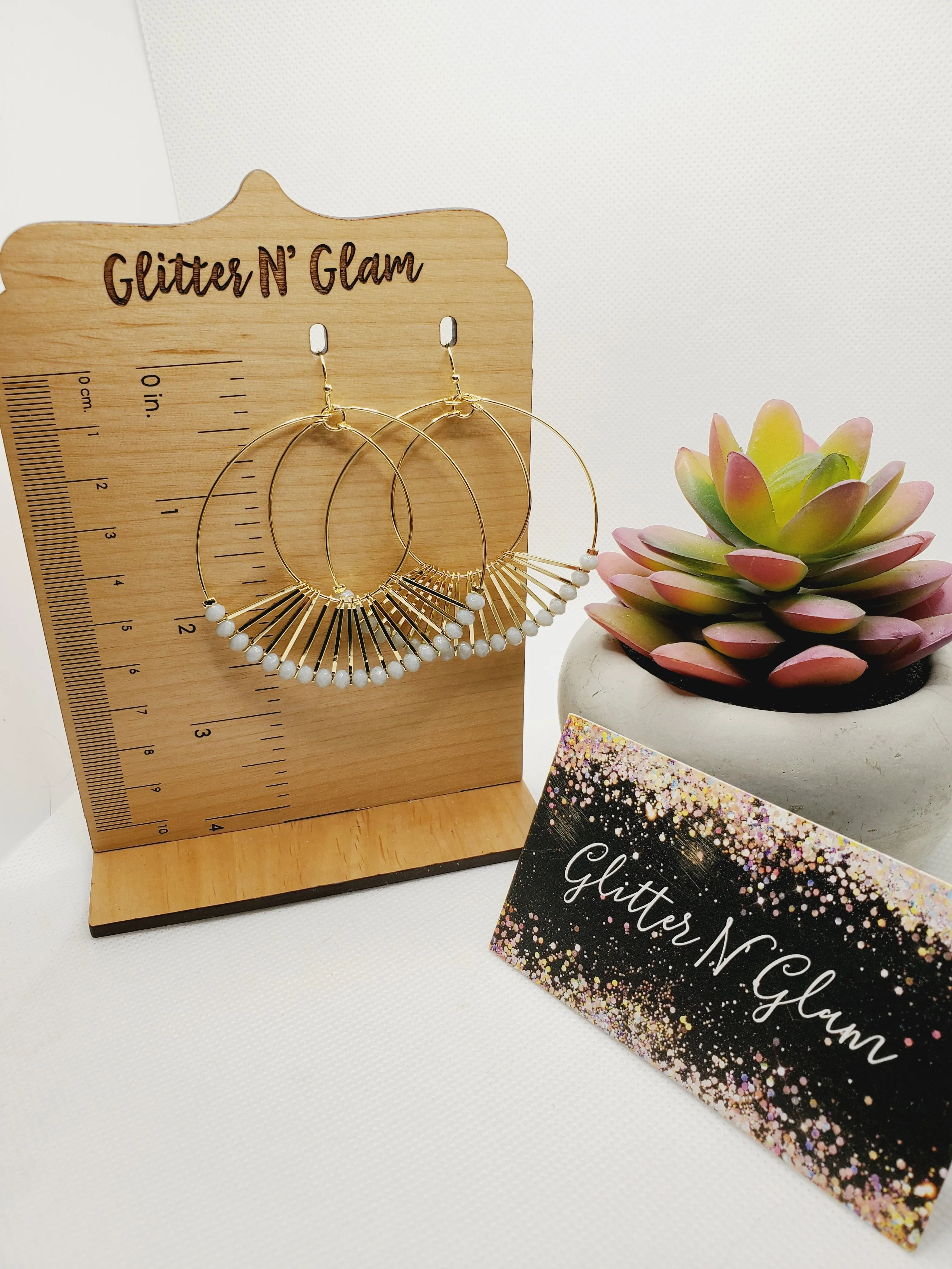 1239 Gray and Gold Beaded Hoop Dangle Earrings