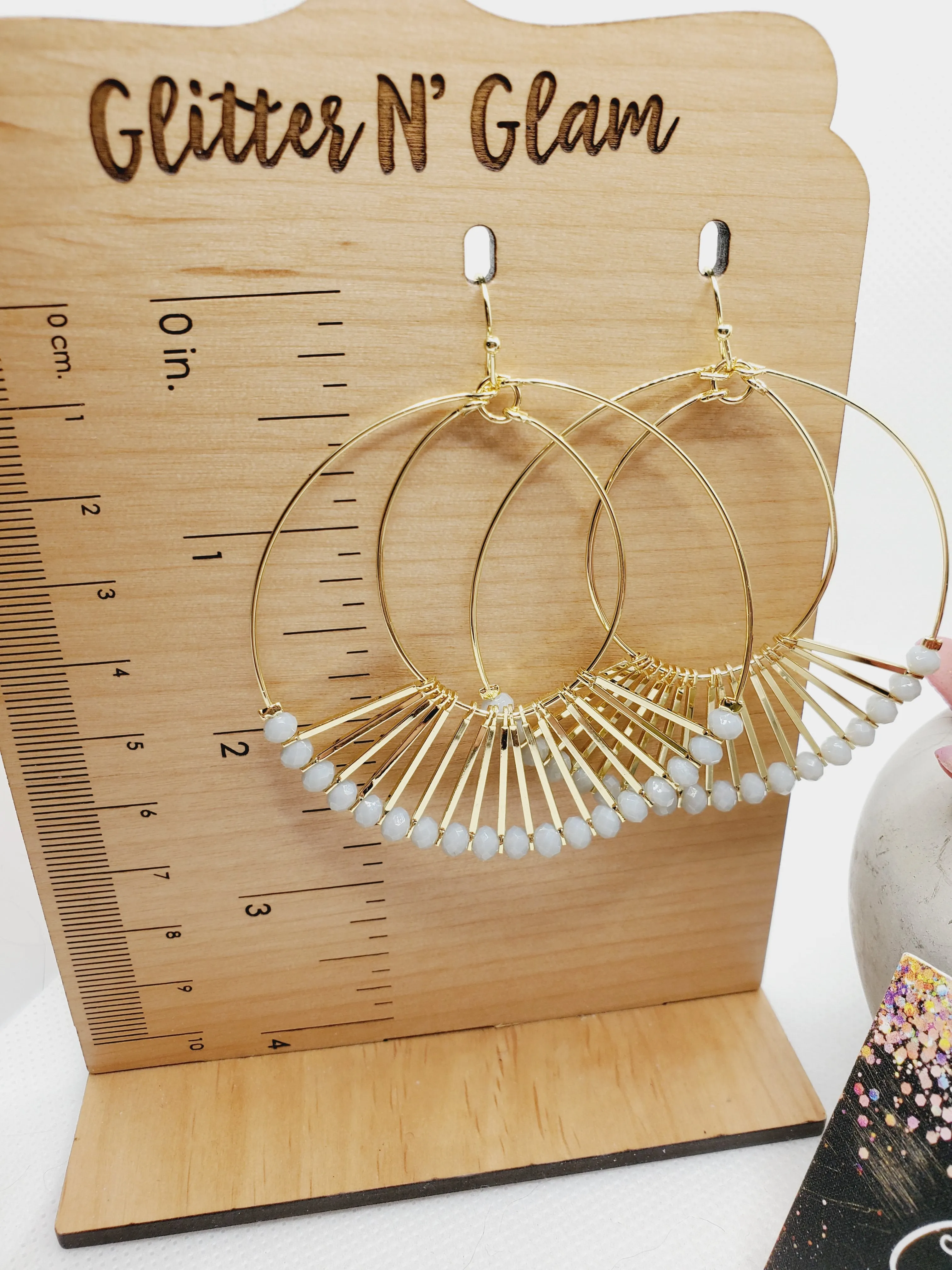 1239 Gray and Gold Beaded Hoop Dangle Earrings
