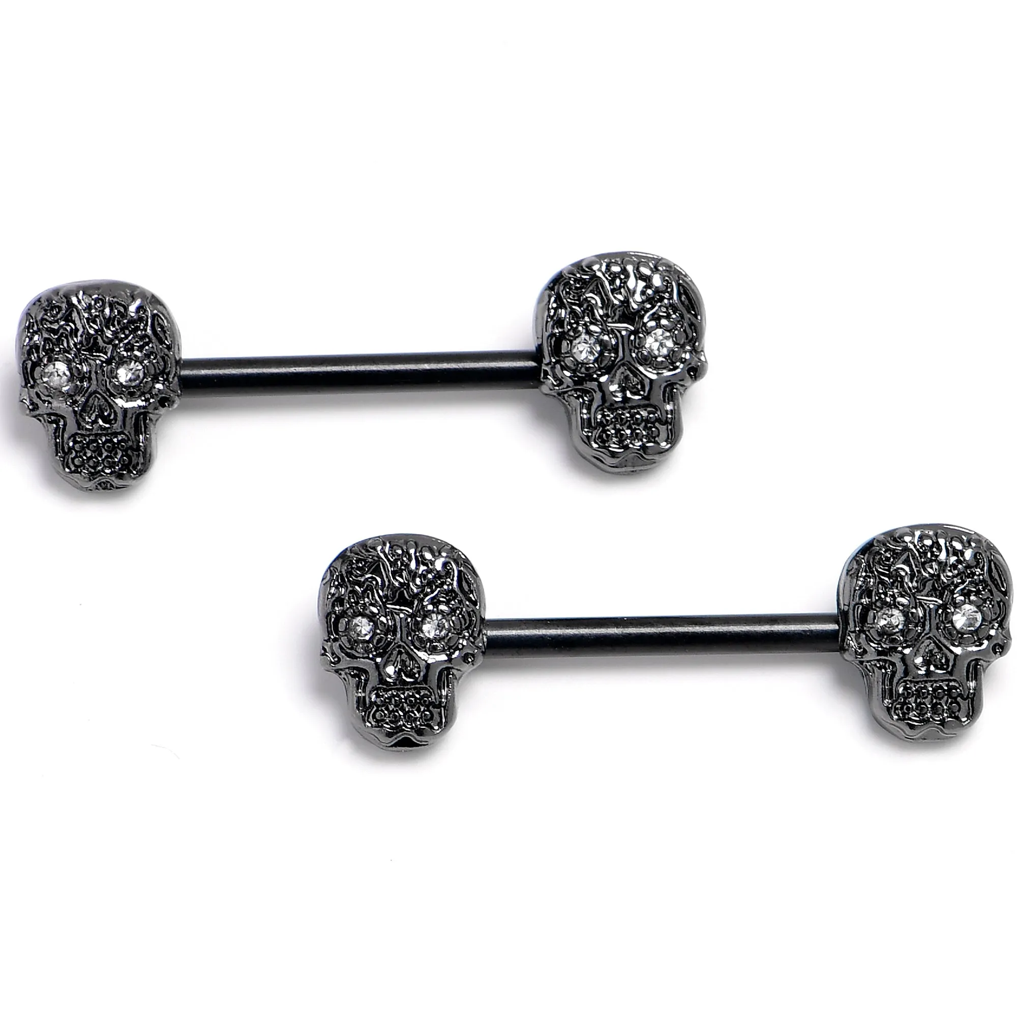 14 Gauge 9/16 Black 316L Steel Skulls with Titanium Barbell Nipple Rings