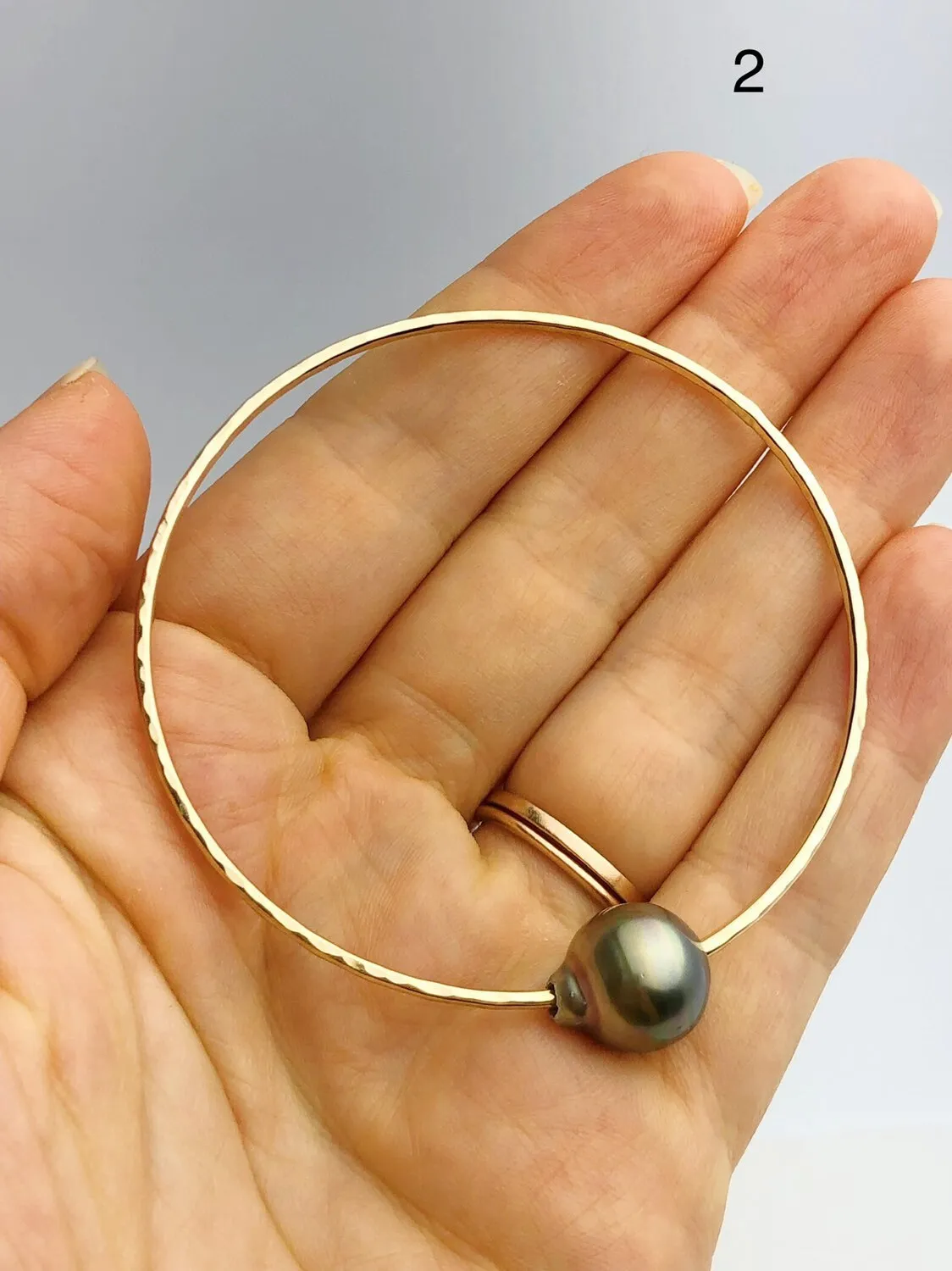 14K Gold Filled Single Tahitian Pearl Bangle Bracelets , Size Medium, 12-14mm Pearls (788 No. 1-5)