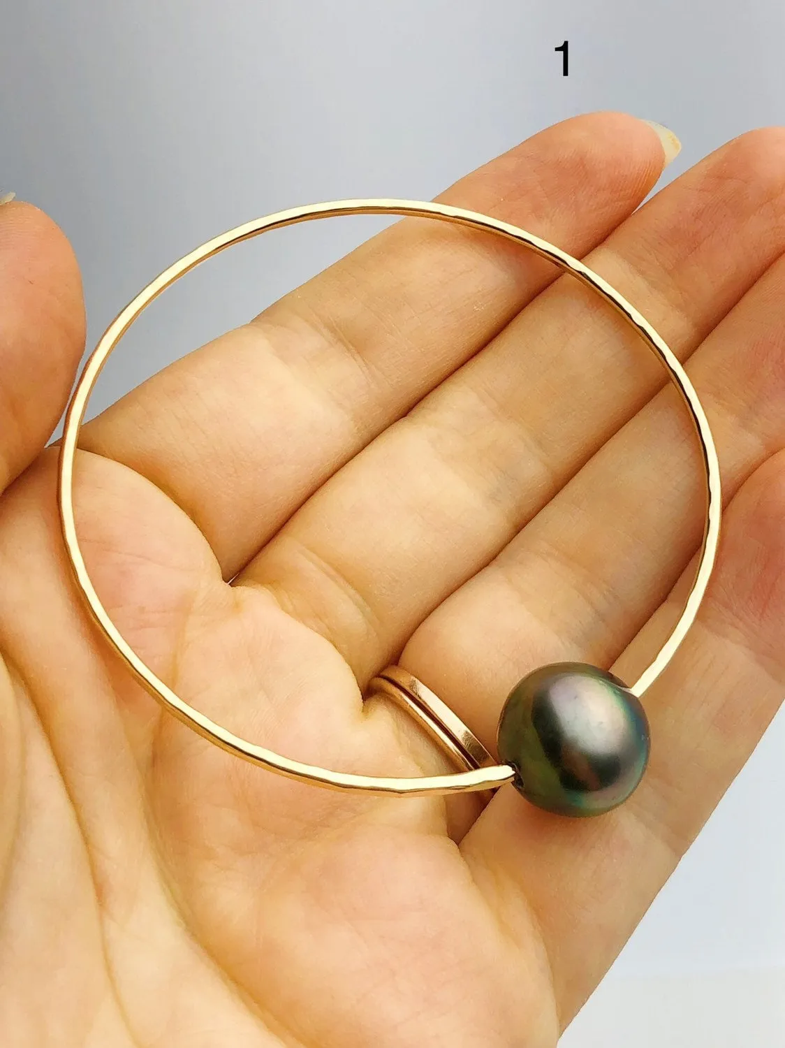 14K Gold Filled Single Tahitian Pearl Bangle Bracelets , Size Medium, 12-14mm Pearls (788 No. 1-5)