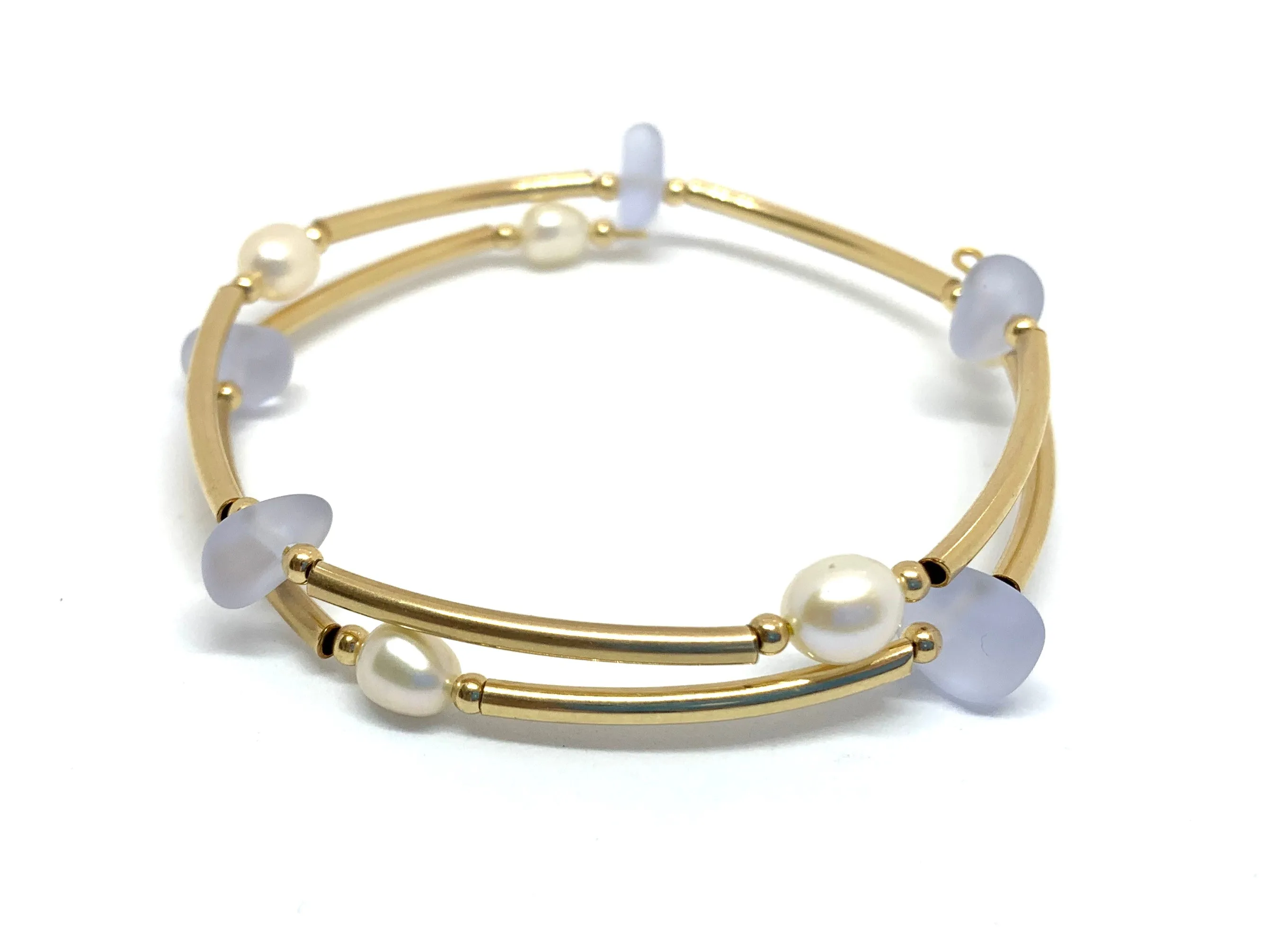 14k Gold Filled Tube and Frosted Glass Memory Wire Bracelet