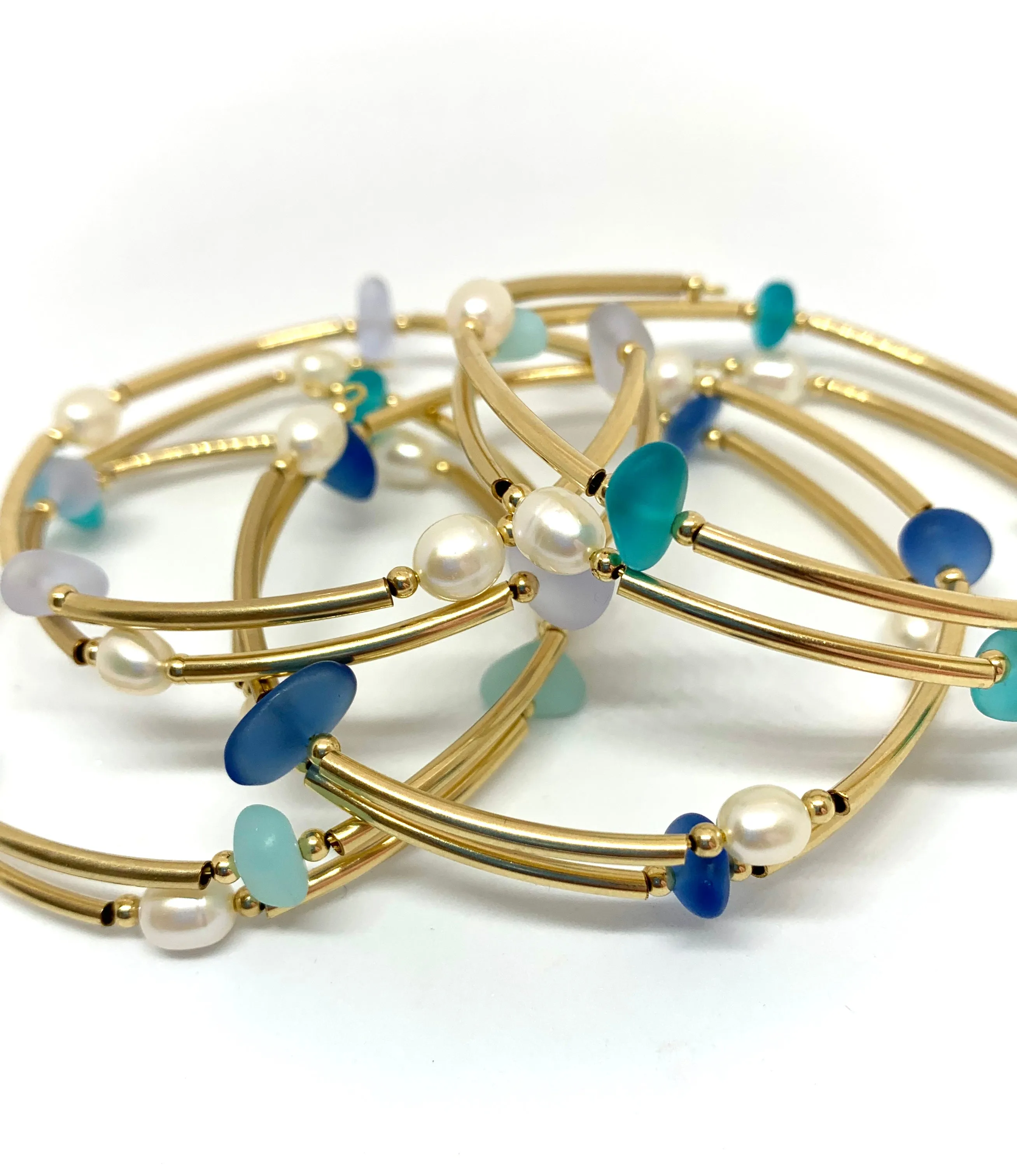 14k Gold Filled Tube and Frosted Glass Memory Wire Bracelet