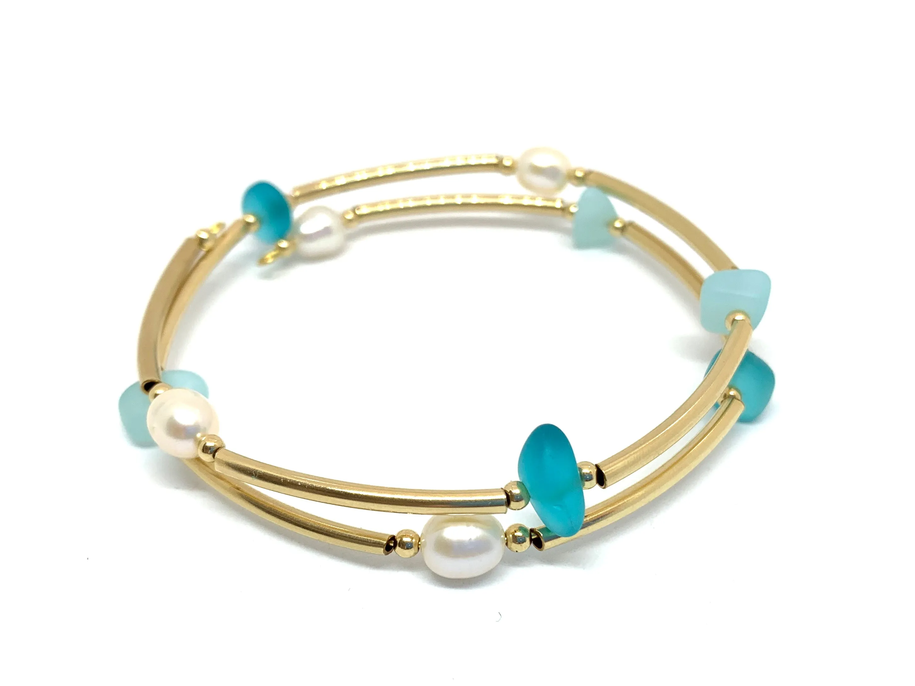 14k Gold Filled Tube and Frosted Glass Memory Wire Bracelet