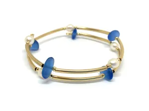 14k Gold Filled Tube and Frosted Glass Memory Wire Bracelet