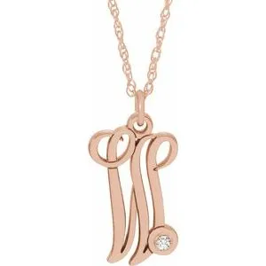 14K Rose .02 CT Diamond Script Initial W 16-18" Necklace