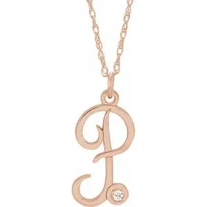 14K Rose Gold-Plated Sterling Silver .02 CT Diamond Script Initial P 16-18" Necklace