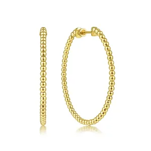 14K Yellow Plain Gold 40mm Beaded Round Hoop Earrings