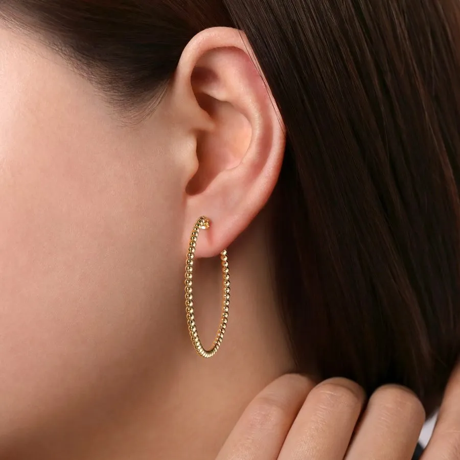 14K Yellow Plain Gold 40mm Beaded Round Hoop Earrings