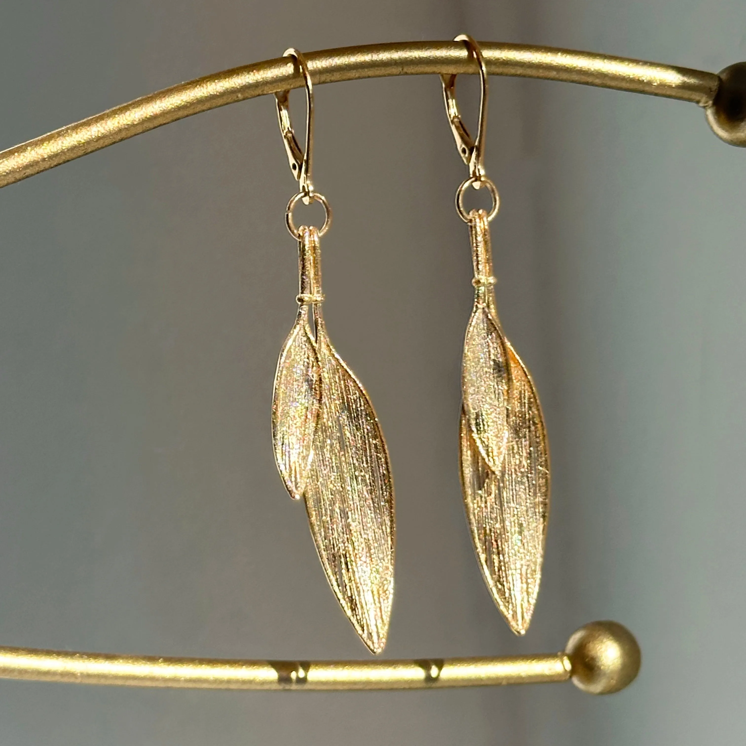 14KT Yellow Gold Matte Feather Dangle Earrings
