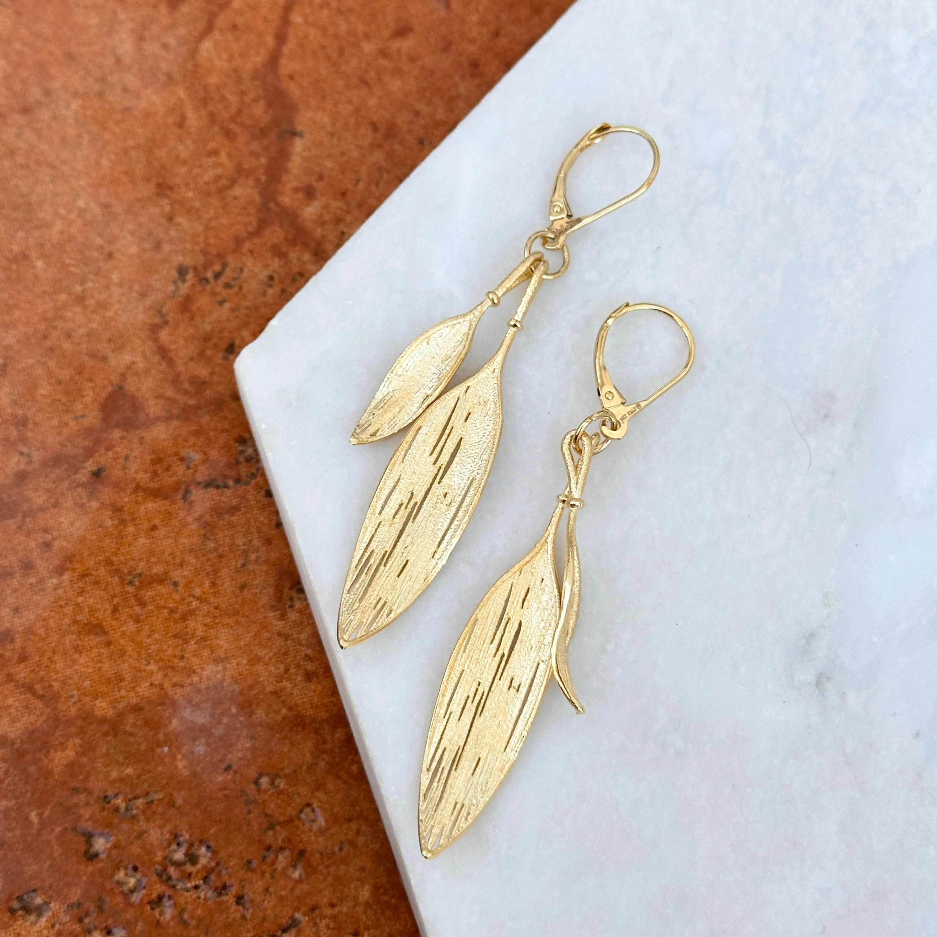 14KT Yellow Gold Matte Feather Dangle Earrings