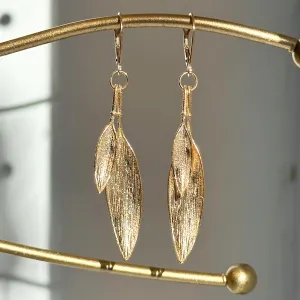 14KT Yellow Gold Matte Feather Dangle Earrings