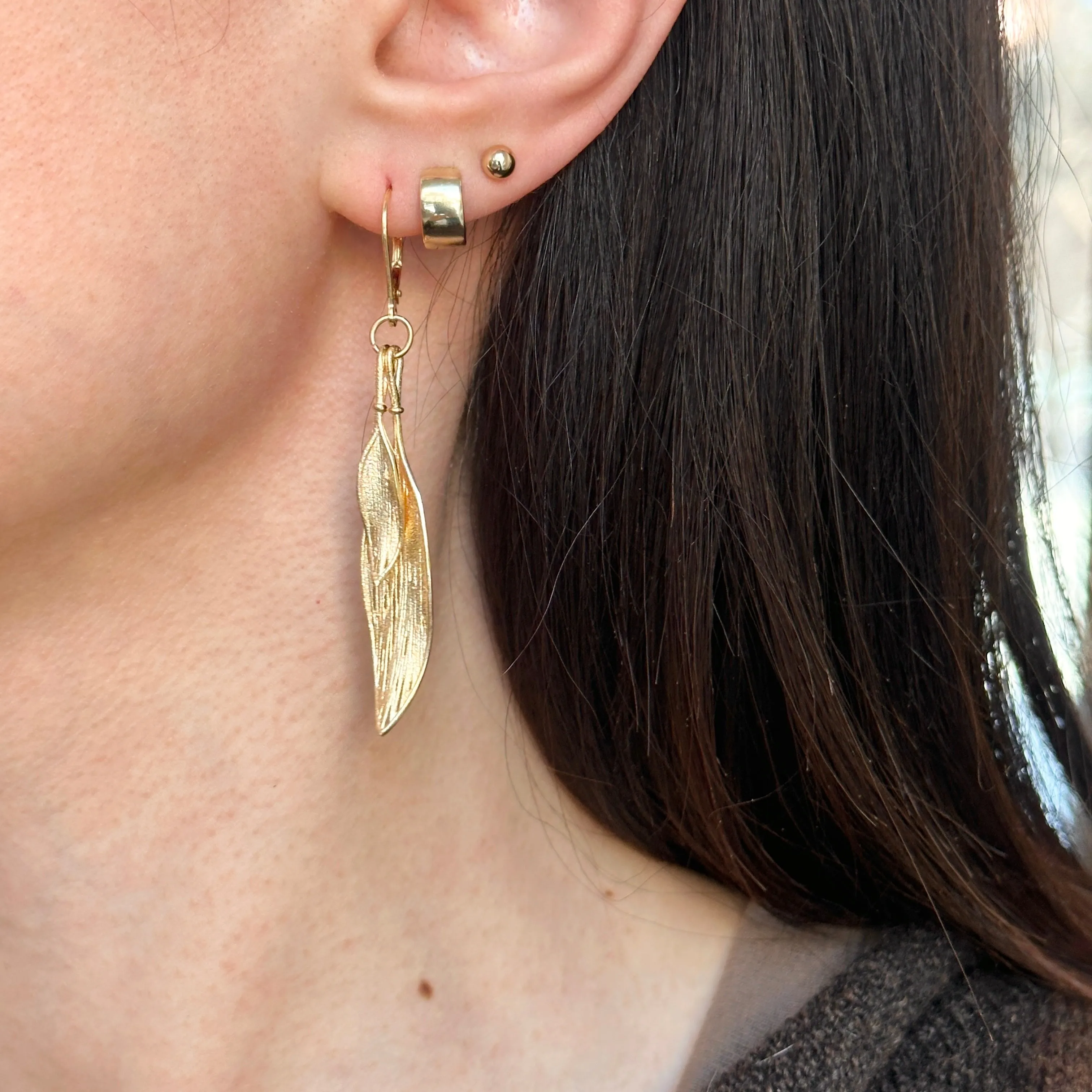 14KT Yellow Gold Matte Feather Dangle Earrings