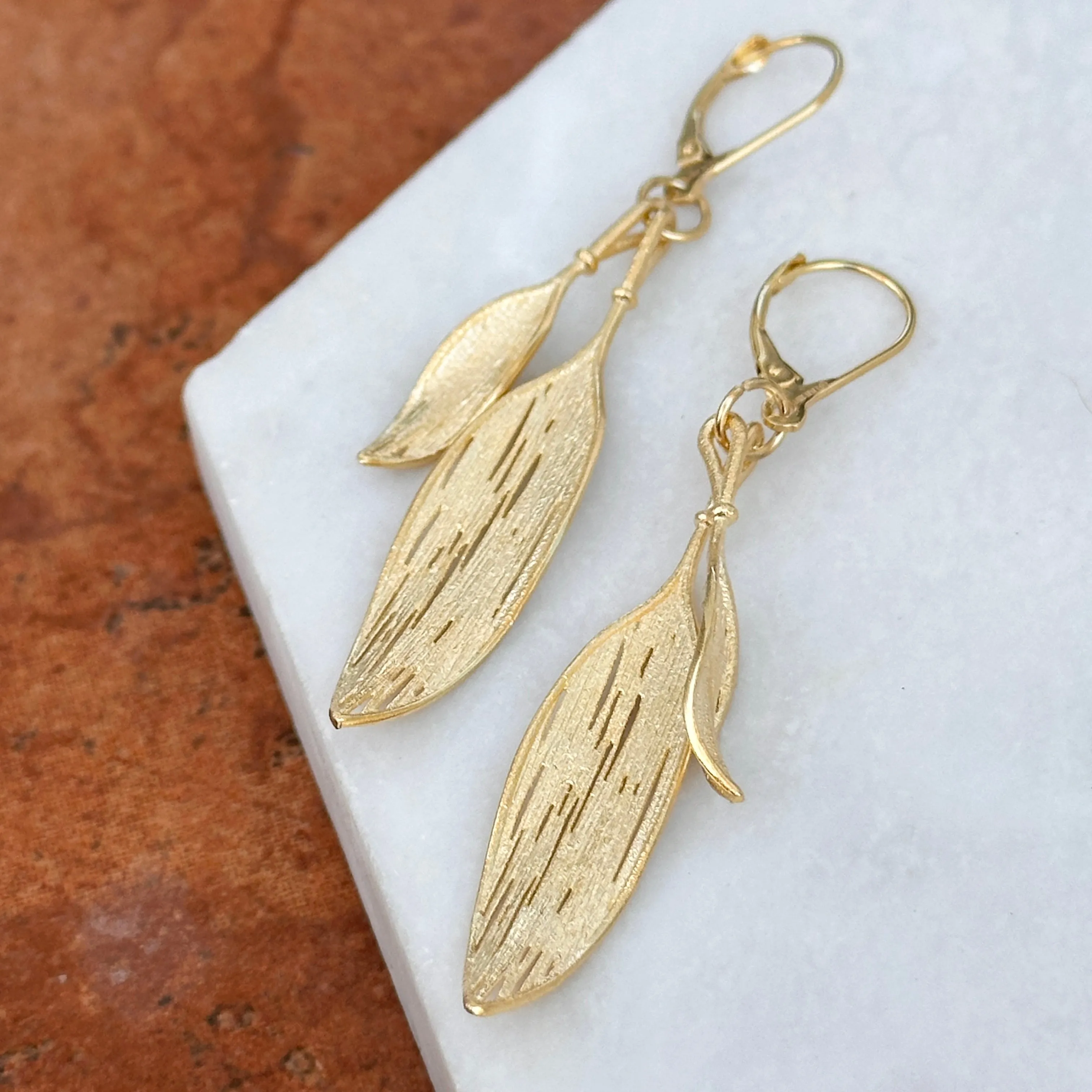 14KT Yellow Gold Matte Feather Dangle Earrings