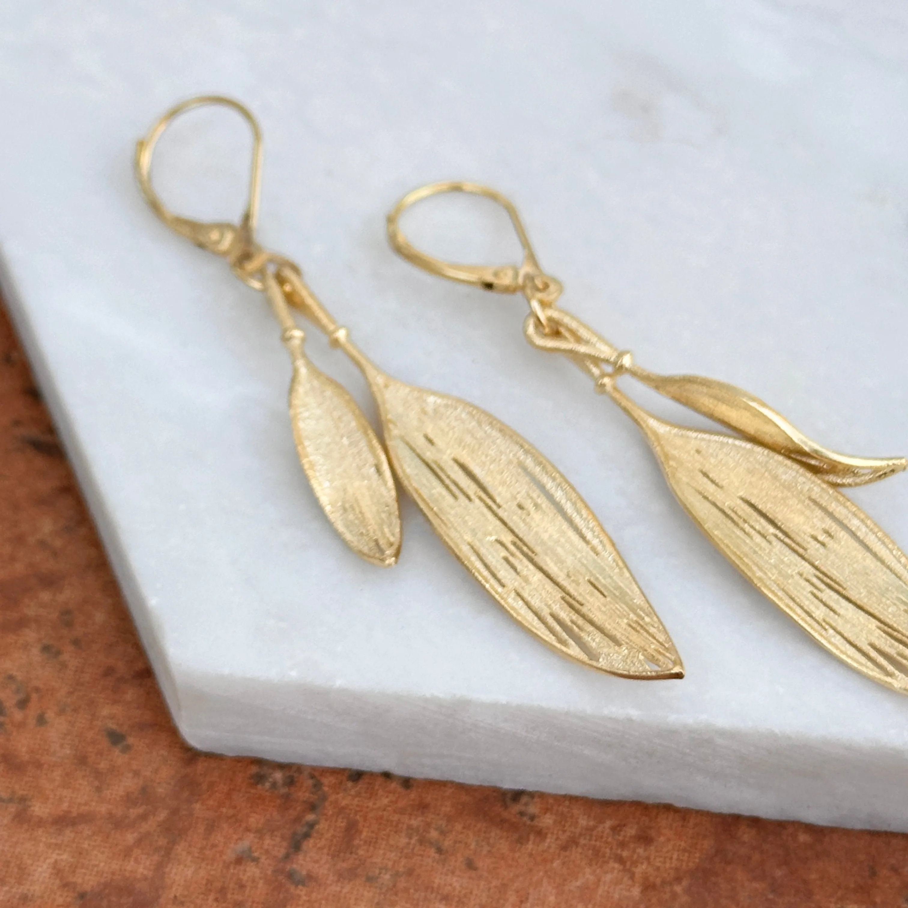 14KT Yellow Gold Matte Feather Dangle Earrings