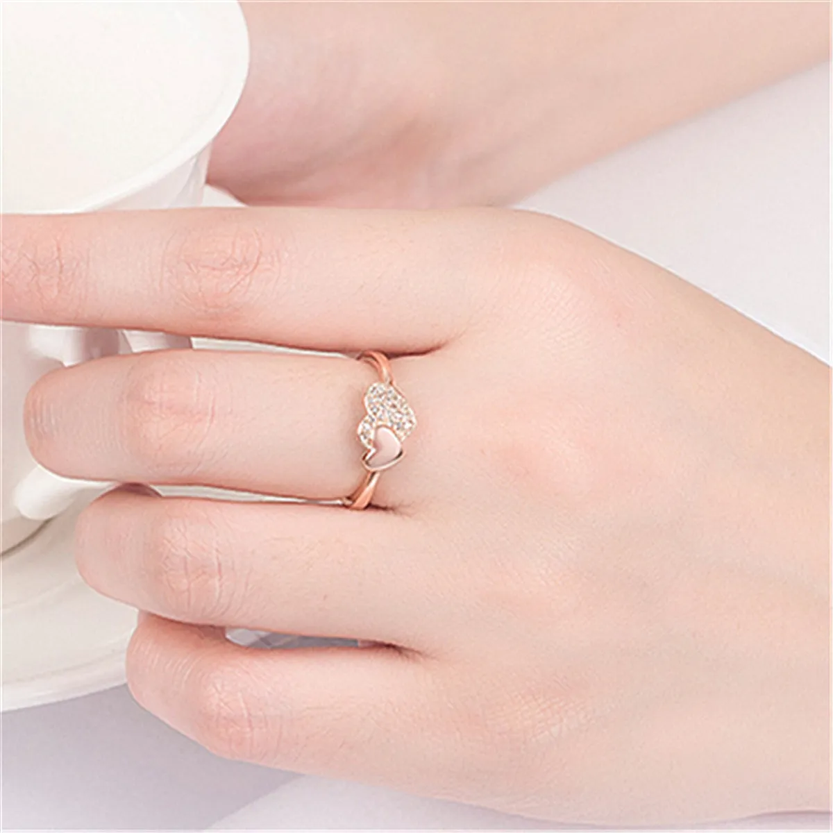 18K Rose Gold-Plated Cubic Zirconia Heart Adjustable Ring