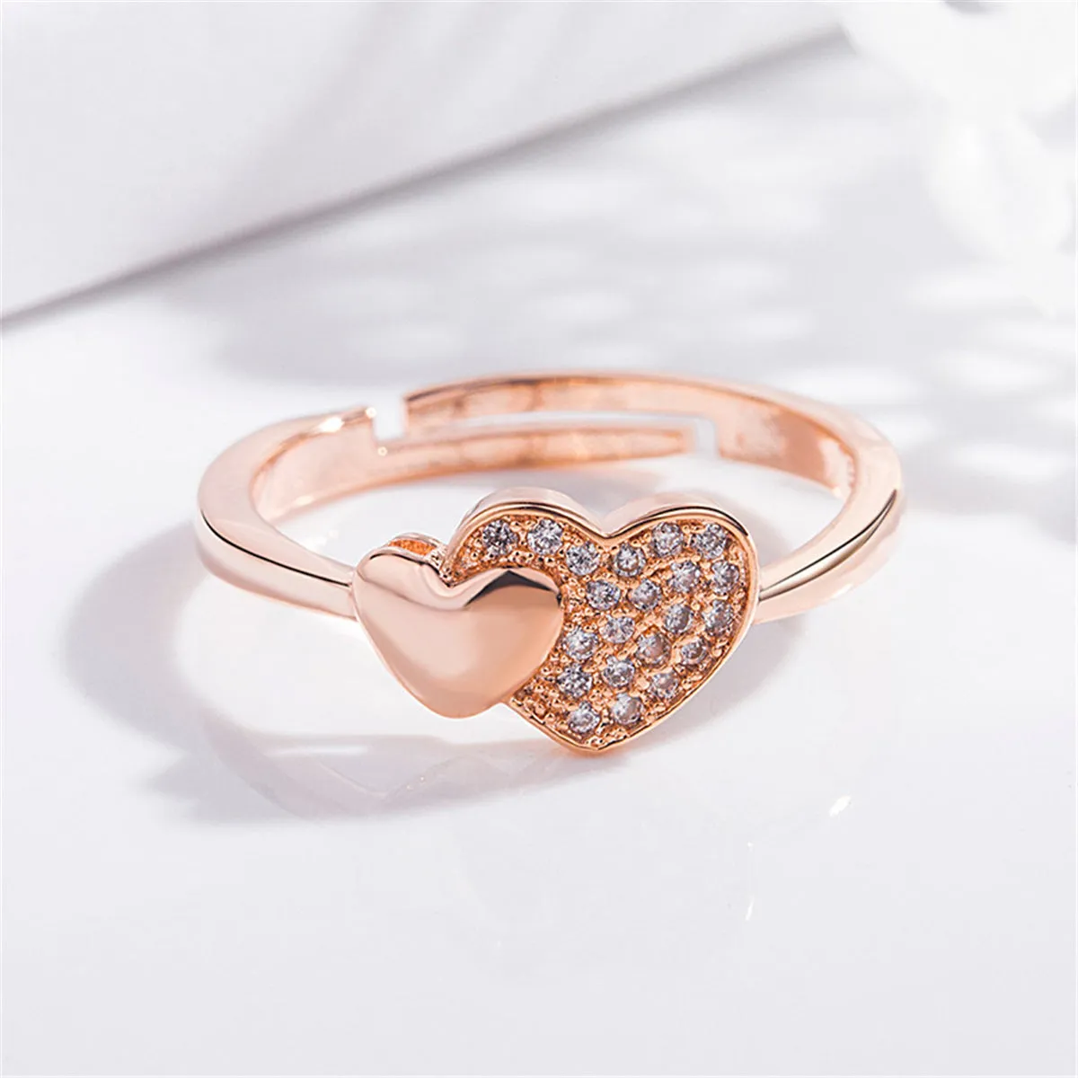 18K Rose Gold-Plated Cubic Zirconia Heart Adjustable Ring