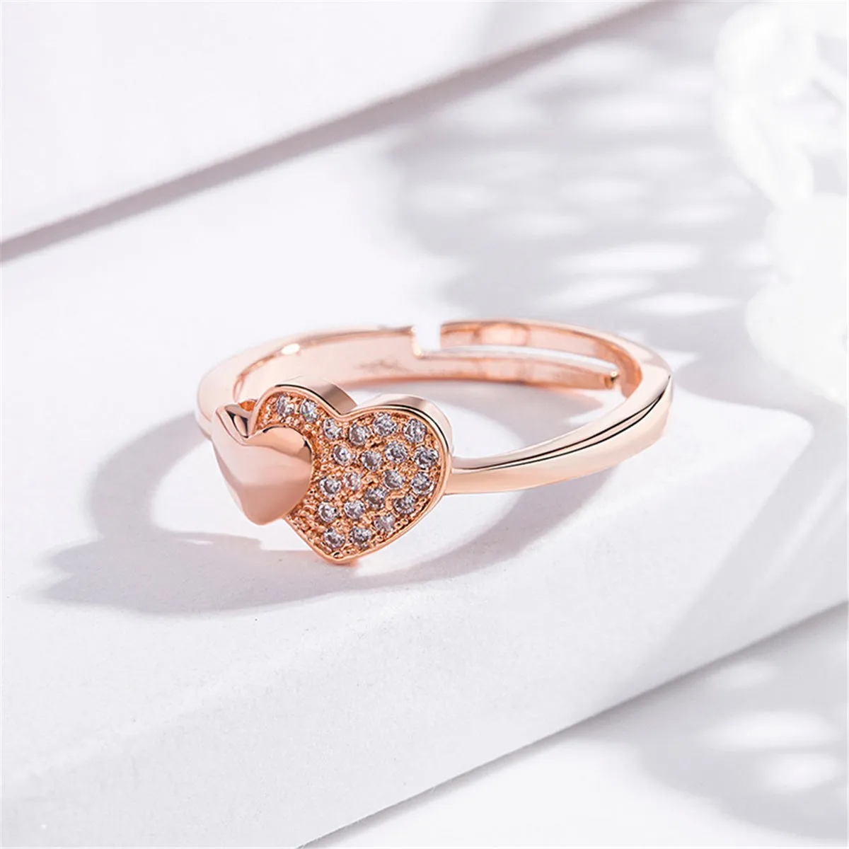 18K Rose Gold-Plated Cubic Zirconia Heart Adjustable Ring