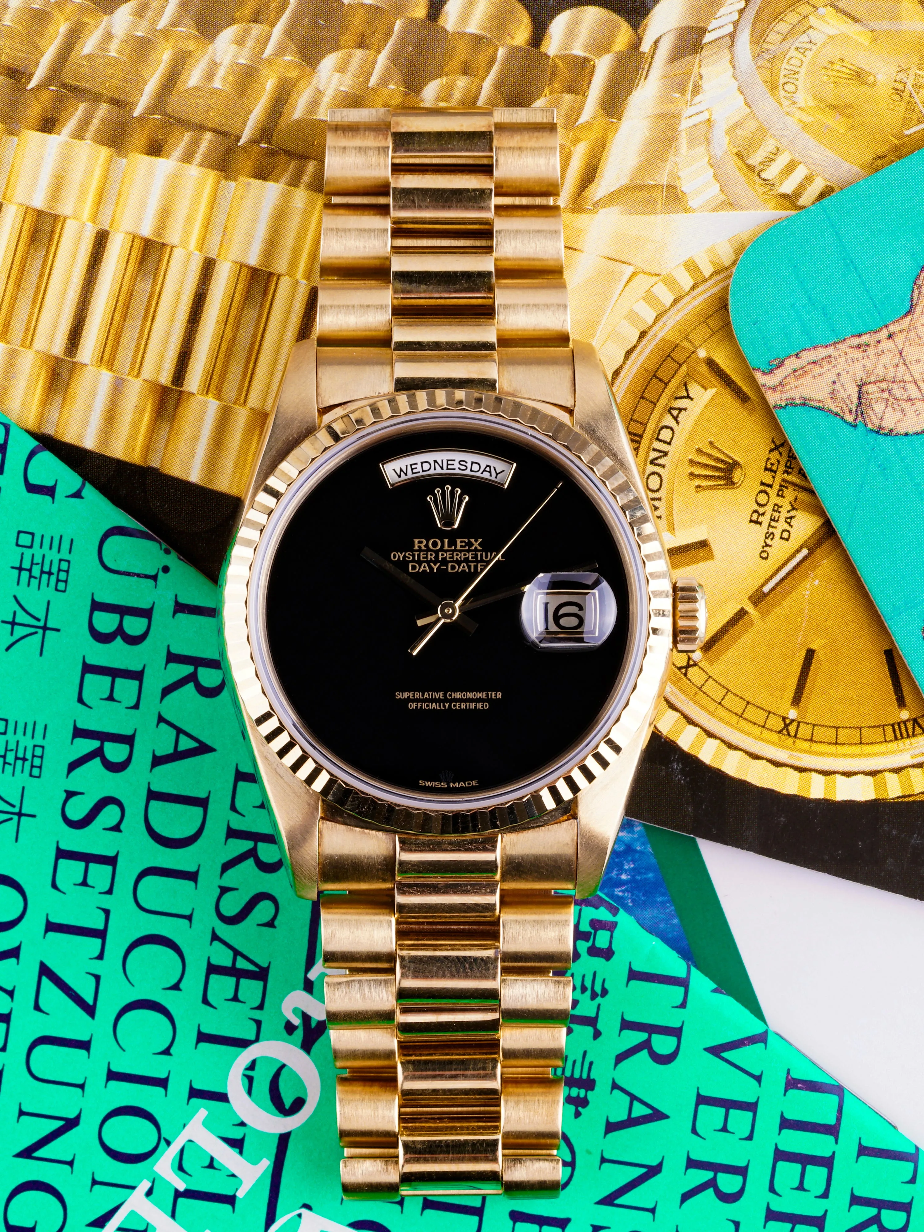 1991 Rolex Day-Date (Ref. 18238) 18k YG Onyx Dial W/ Box and Rolex Service Card