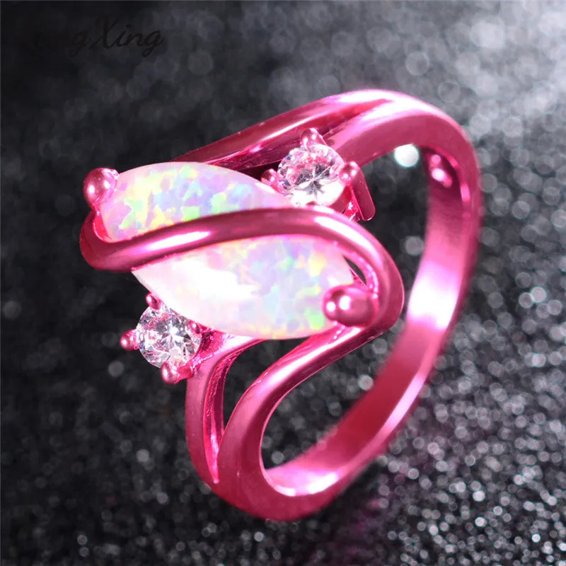 1st Pink Gold White Fire Opal Ring