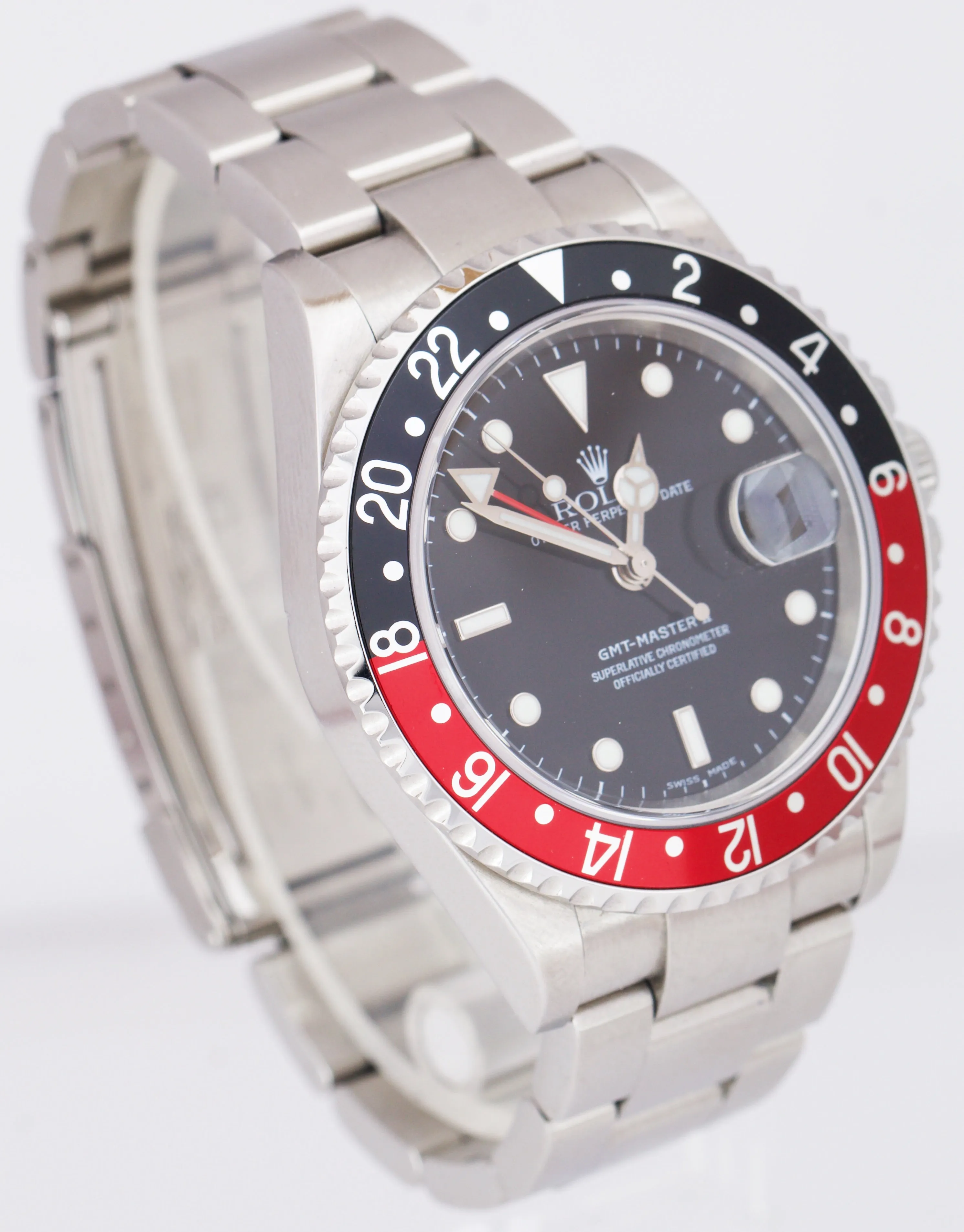 2005 Rolex GMT-Master II 40mm NO-HOLES CASE Red Black COKE Watch 16710 FULL SET