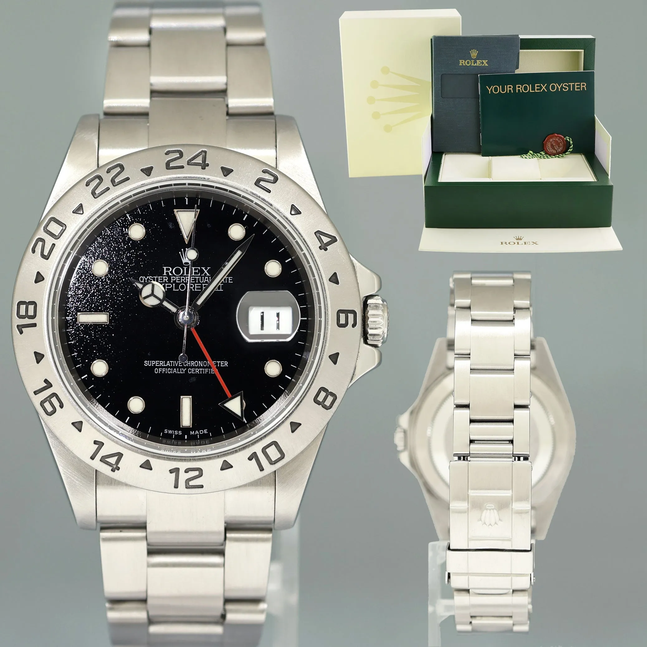 2007 NO HOLES Rolex Explorer II 16570 Stainless Steel Black Date GMT 40mm Watch Box
