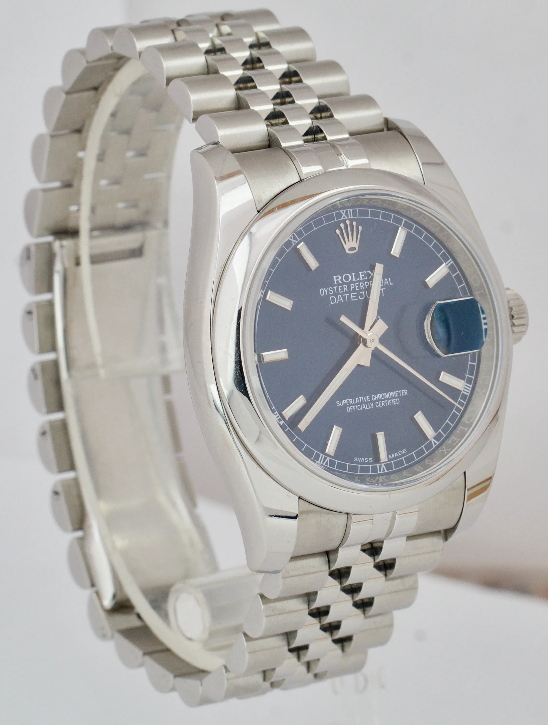 2015 Rolex DateJust 36mm Blue Stick Stainless Steel Smooth Jubilee Watch 116200