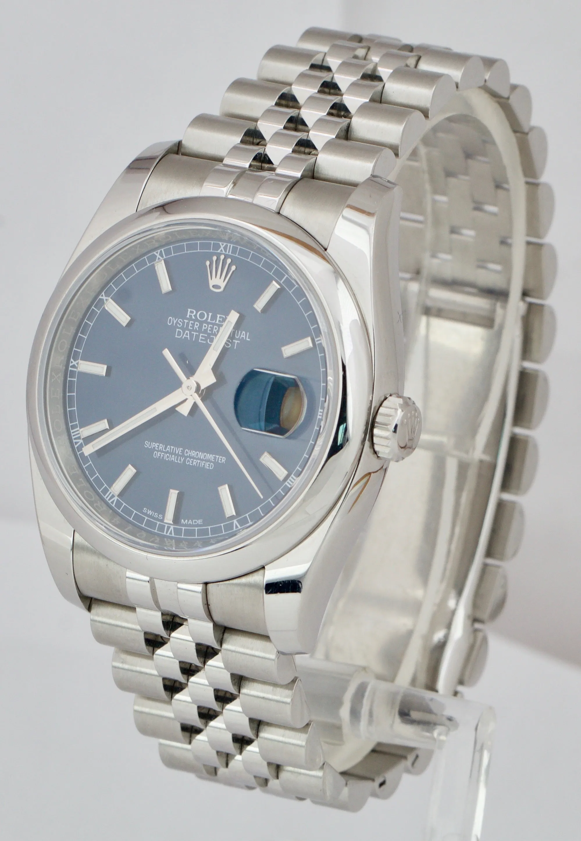 2015 Rolex DateJust 36mm Blue Stick Stainless Steel Smooth Jubilee Watch 116200