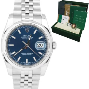 2015 Rolex DateJust 36mm Blue Stick Stainless Steel Smooth Jubilee Watch 116200