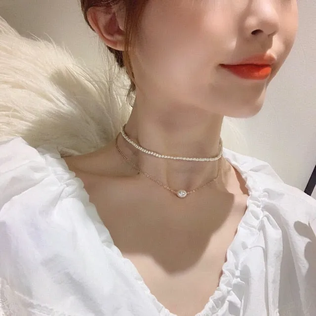 2021 Kpop Double layer Chain Gold fashion Choker cute romantic women pearl pendant necklace girl jewelry Collar Free shipping