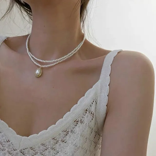 2021 Kpop Double layer Chain Gold fashion Choker cute romantic women pearl pendant necklace girl jewelry Collar Free shipping