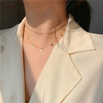 2021 Kpop Double layer Chain Gold fashion Choker cute romantic women pearl pendant necklace girl jewelry Collar Free shipping