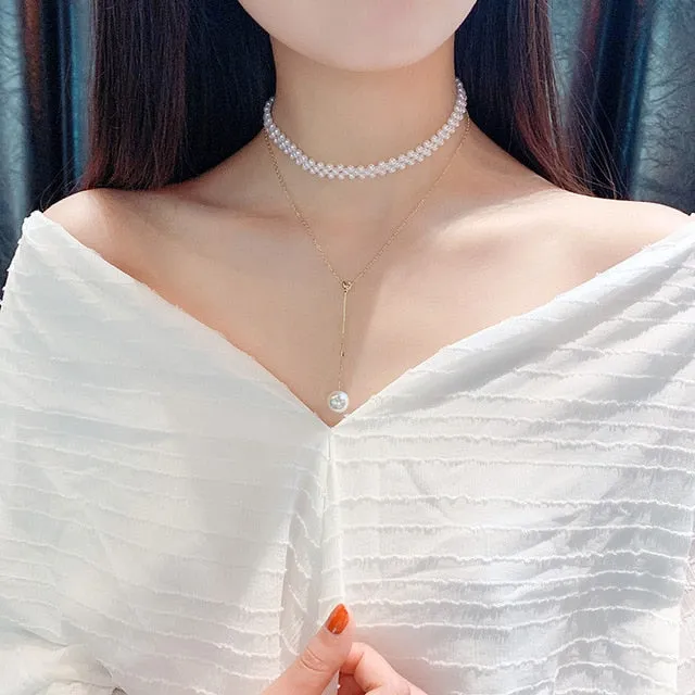 2021 Kpop Double layer Chain Gold fashion Choker cute romantic women pearl pendant necklace girl jewelry Collar Free shipping