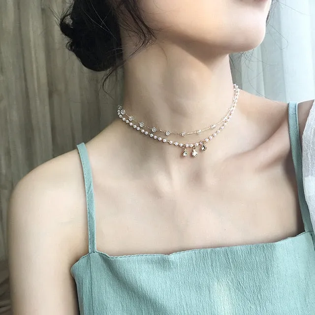 2021 Kpop Double layer Chain Gold fashion Choker cute romantic women pearl pendant necklace girl jewelry Collar Free shipping