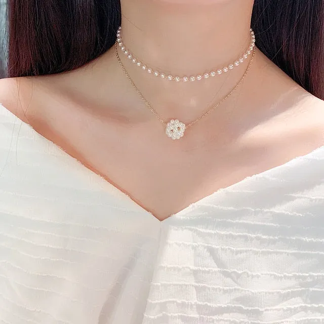 2021 Kpop Double layer Chain Gold fashion Choker cute romantic women pearl pendant necklace girl jewelry Collar Free shipping