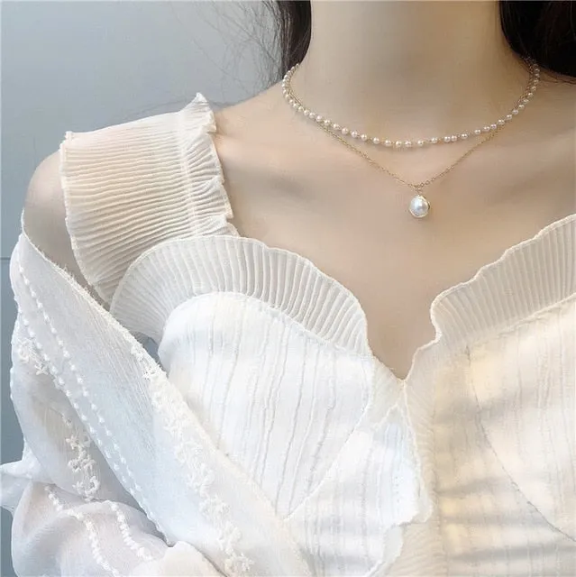 2021 Kpop Double layer Chain Gold fashion Choker cute romantic women pearl pendant necklace girl jewelry Collar Free shipping