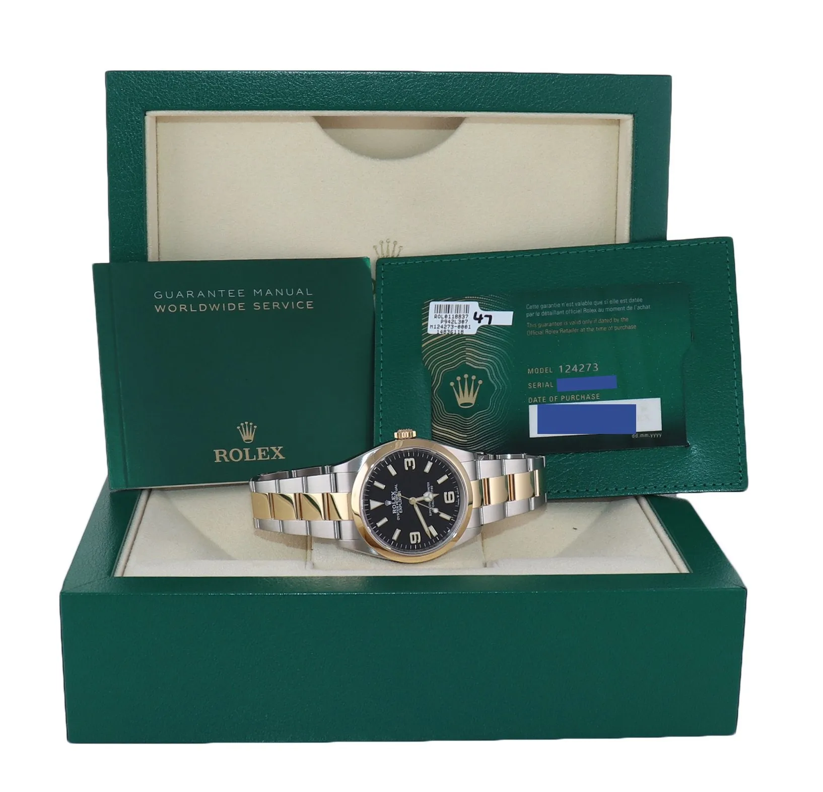 2021 PAPERS Rolex Explorer I Black Steel 18k Gold Two Tone 36mm 124273 Watch