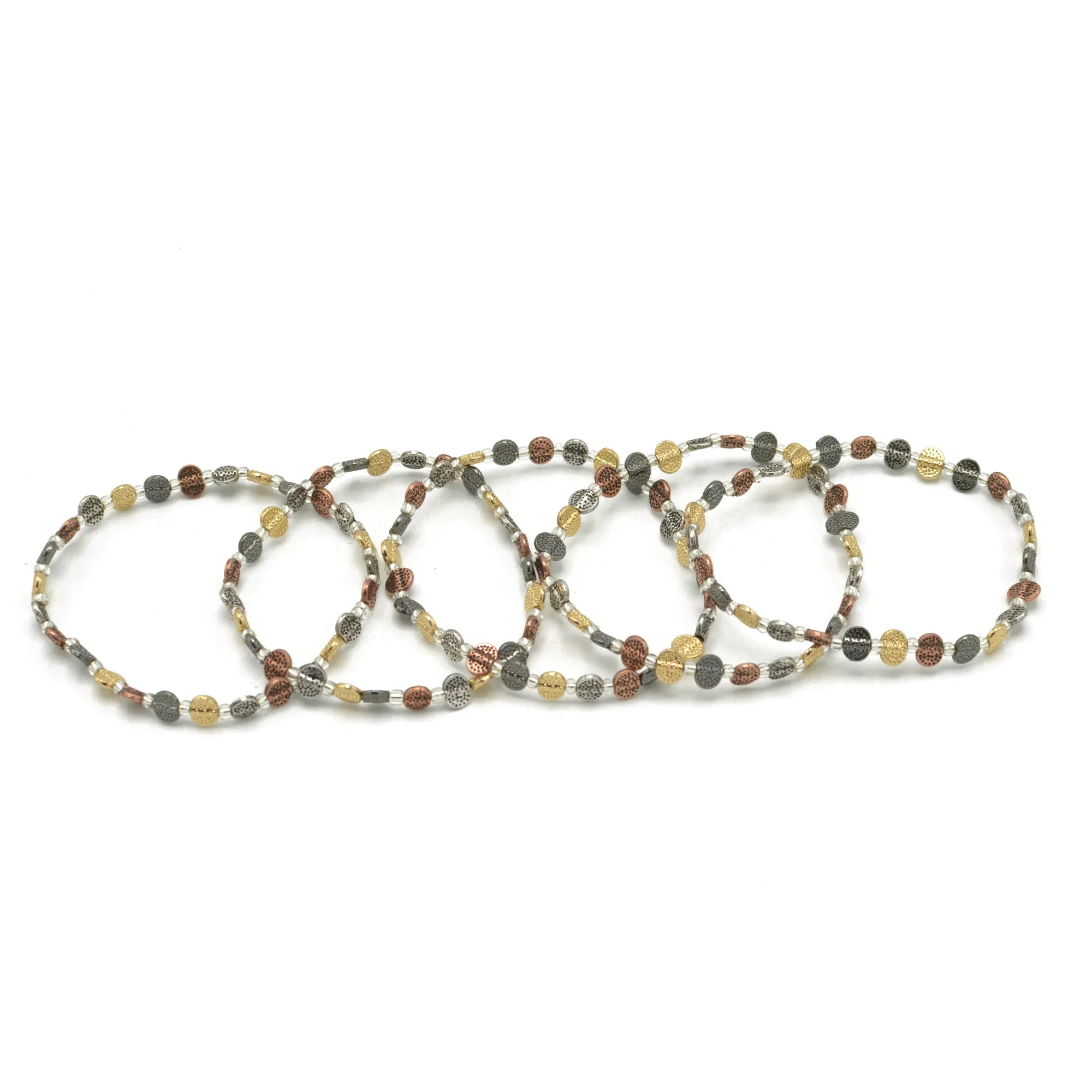 3TONE HAMMERED METAL BEAD MEMORY WIRE STRETCH BRACELET #HNB89049TR (ED3)