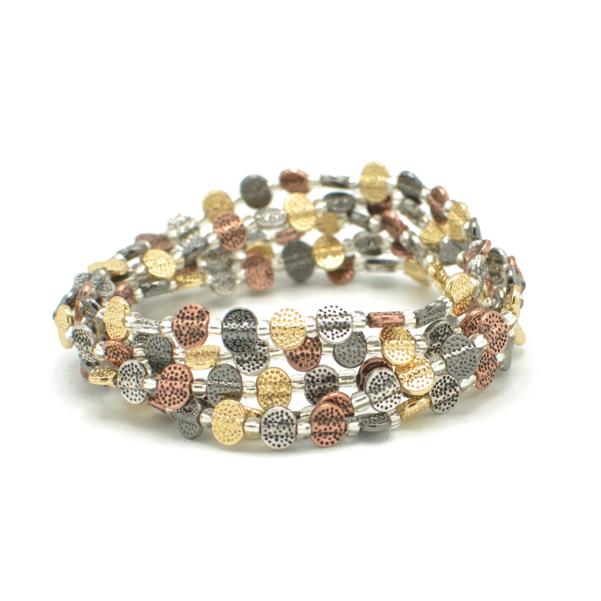 3TONE HAMMERED METAL BEAD MEMORY WIRE STRETCH BRACELET #HNB89049TR (ED3)