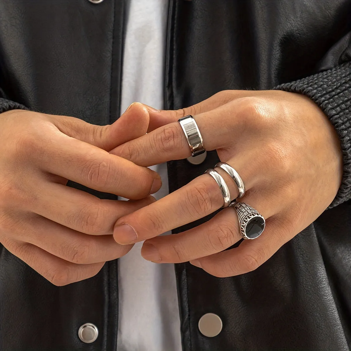 4pcs Titanium Steel Ring Set Punk Hip Hop Style