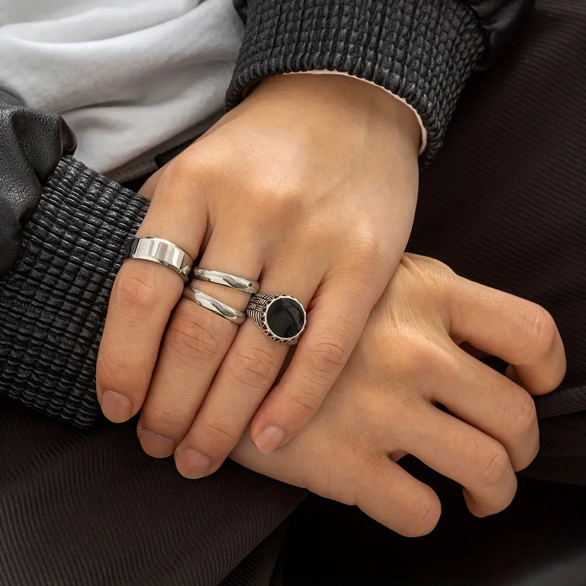 4pcs Titanium Steel Ring Set Punk Hip Hop Style