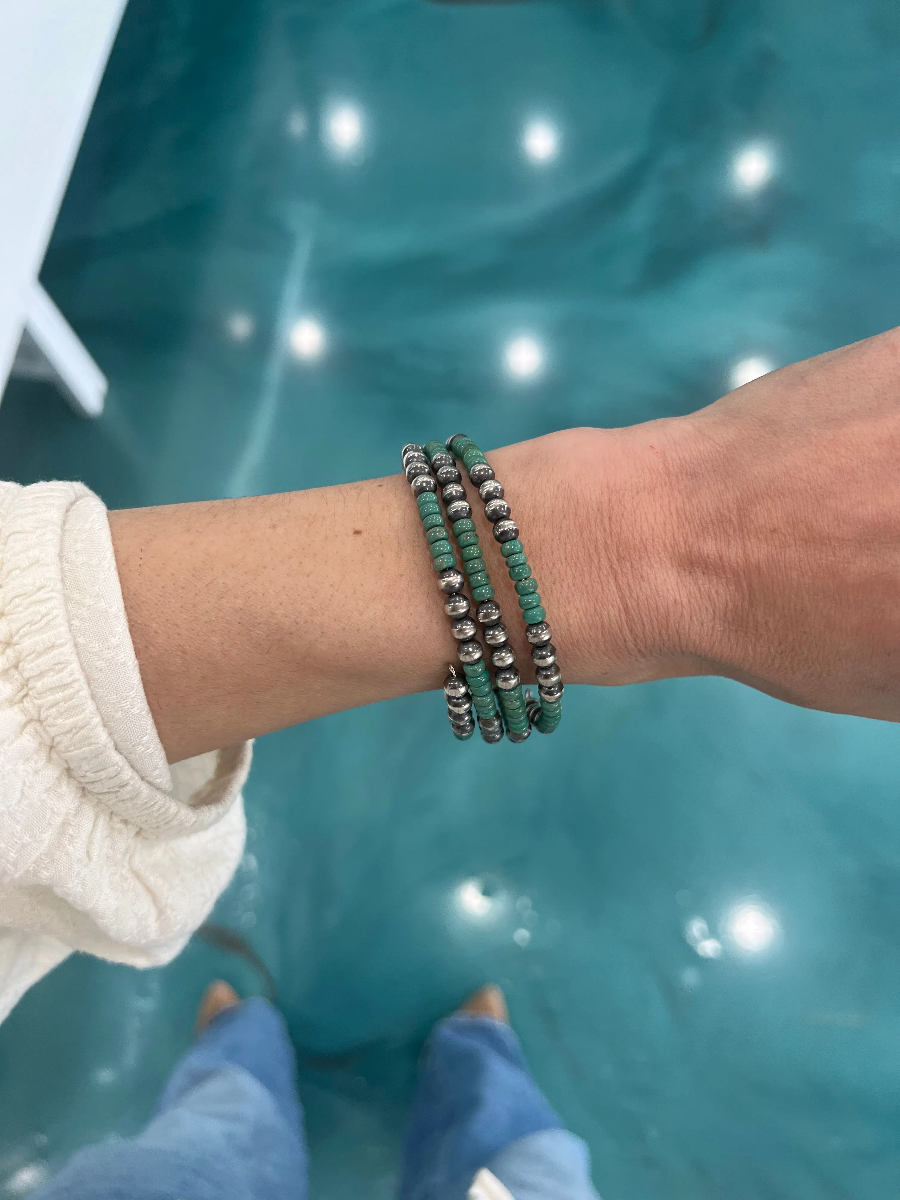 5mm Navajo Pearl Memory Wire Bracelet - Green Turquoise