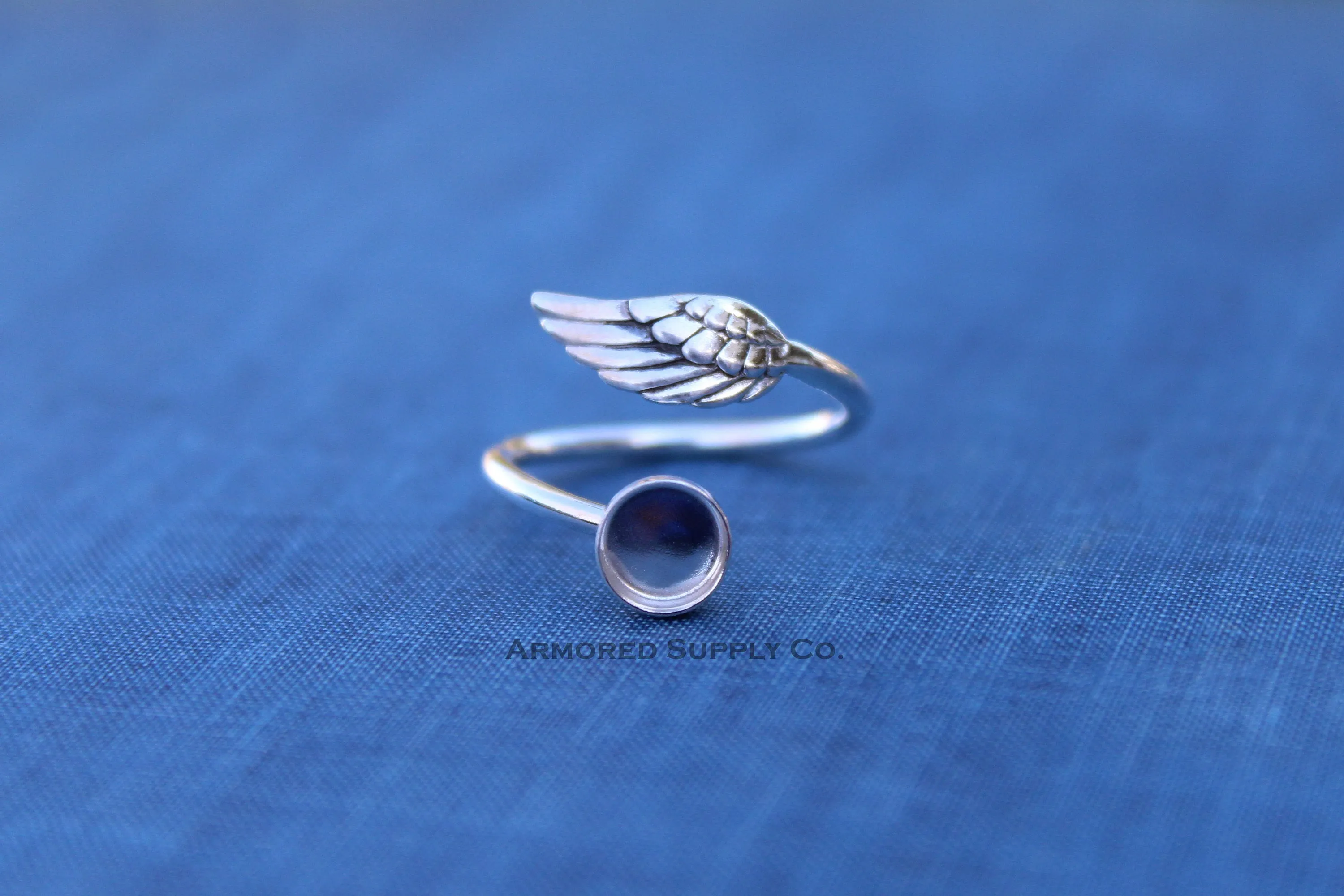 5mm Silver Angel Wing Bypass Wrap Adjustable Bezel Ring blank