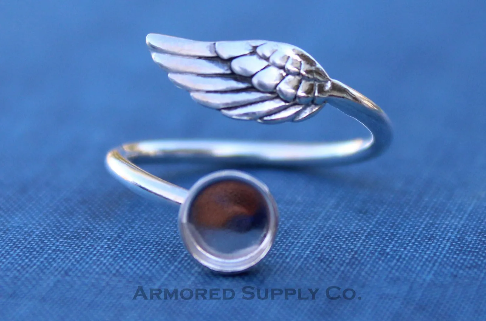 5mm Silver Angel Wing Bypass Wrap Adjustable Bezel Ring blank