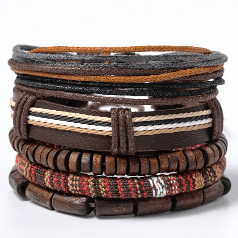 5pcs Men's Adjustable Leather Bracelet Set