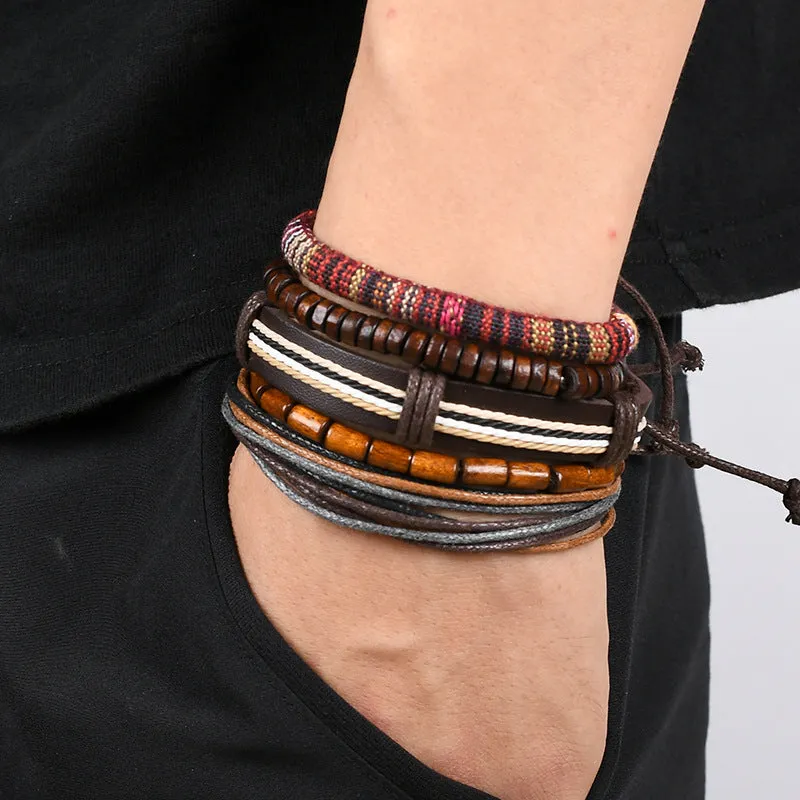 5pcs Men's Adjustable Leather Bracelet Set